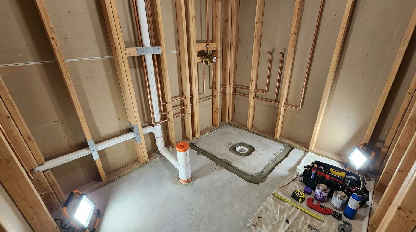 Bathroom rough-in plumbing during remodel by Johns Plumbing LLC in Lake in the Hills