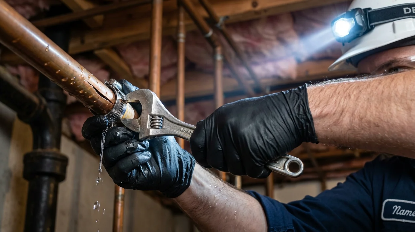 Emergency pipe clamp repair being performed by a Johns Plumbing LLC plumber in Lake in the Hills
