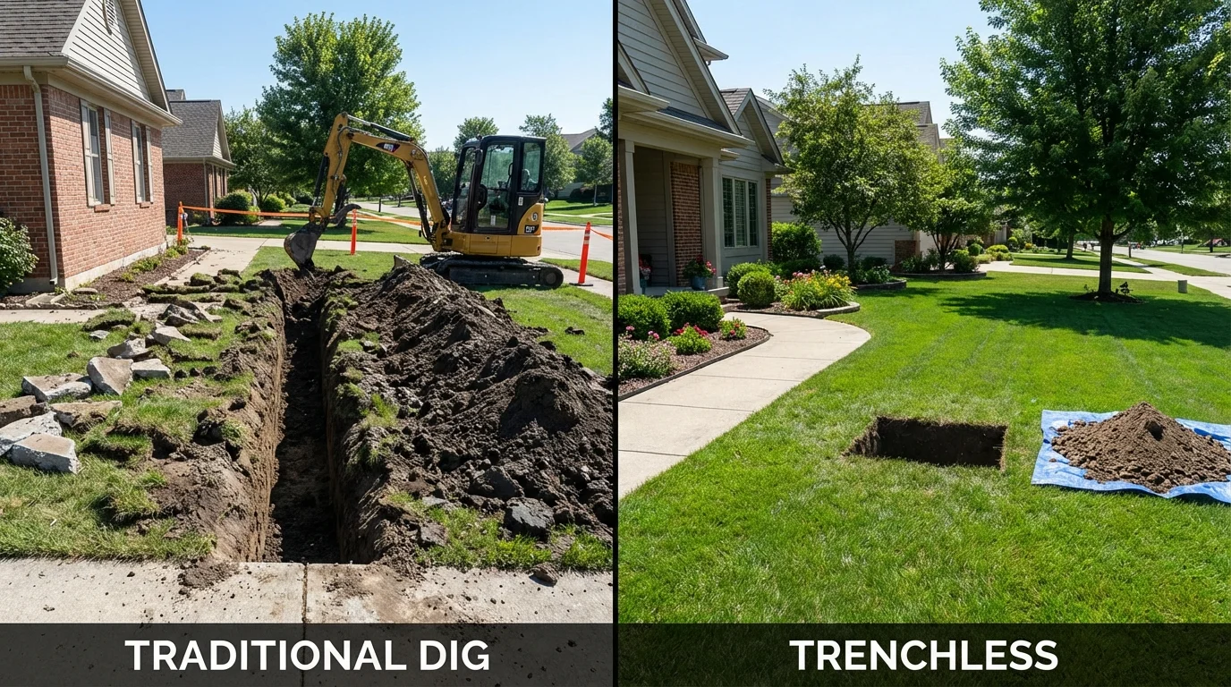 Trenchless sewer repair with minimal yard damage versus traditional excavation in Lake in the Hills, IL
