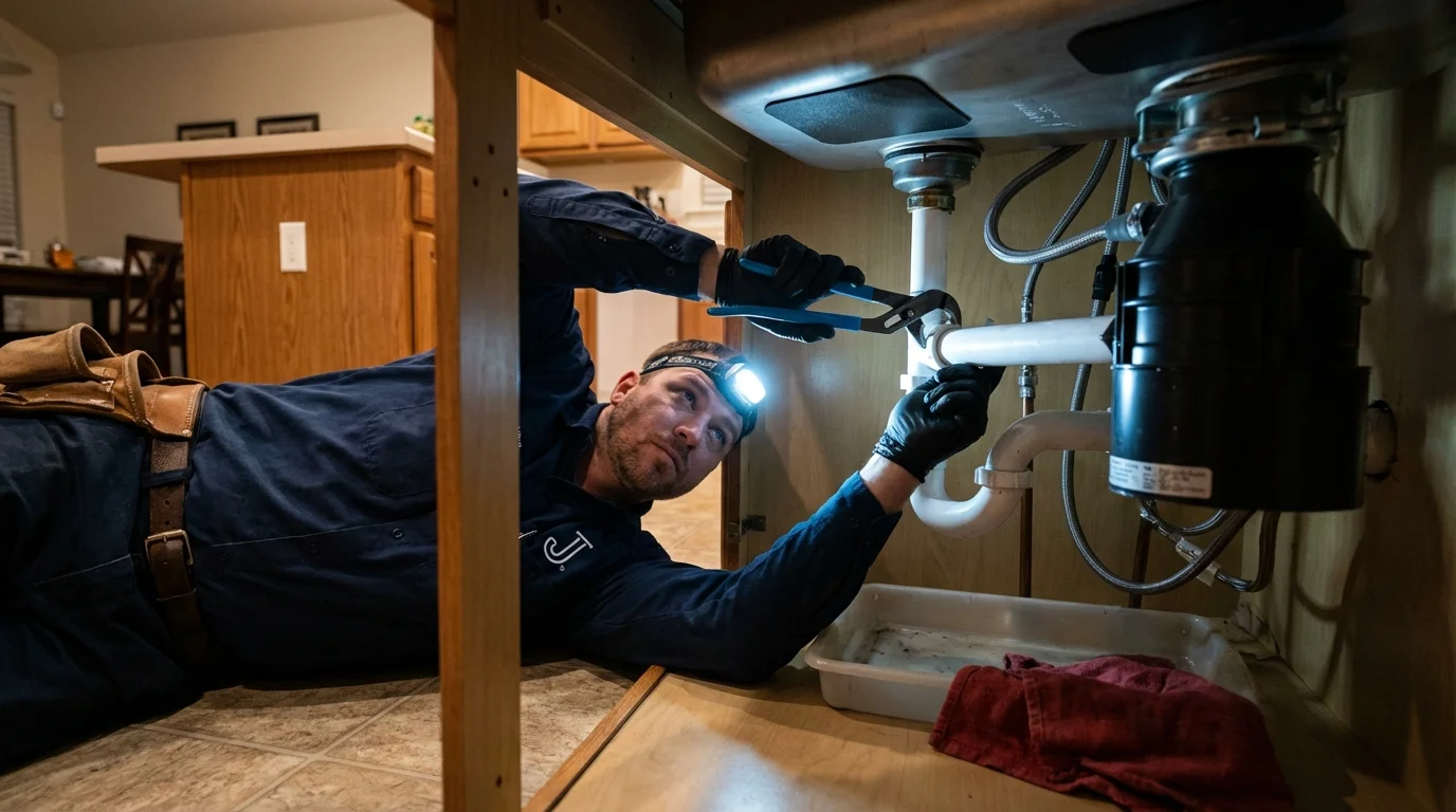 P-trap and supply line connections under a kitchen sink showing a common leak point in Lake in the Hills, IL